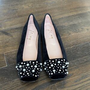 FS/NY Black Velvet Flats Pearl & Crystal Embellished | Elegant Statement